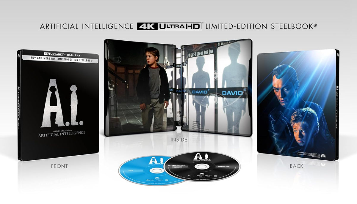 A.I. Artificial Intelligence Limited Edition SteelBook — front, back, interior artwork and 4K UHD/Blu-ray discs