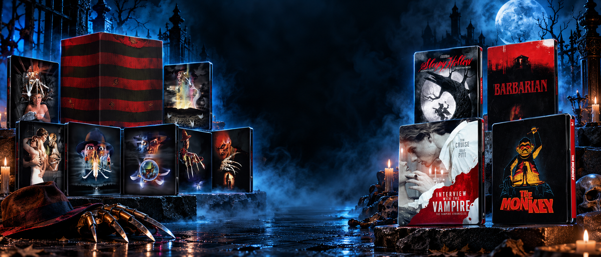 Horror SteelBooks featuring Nightmare on Elm Street, Sleepy Hollow, Barbarian, Interview with the Vampire and The Monkey