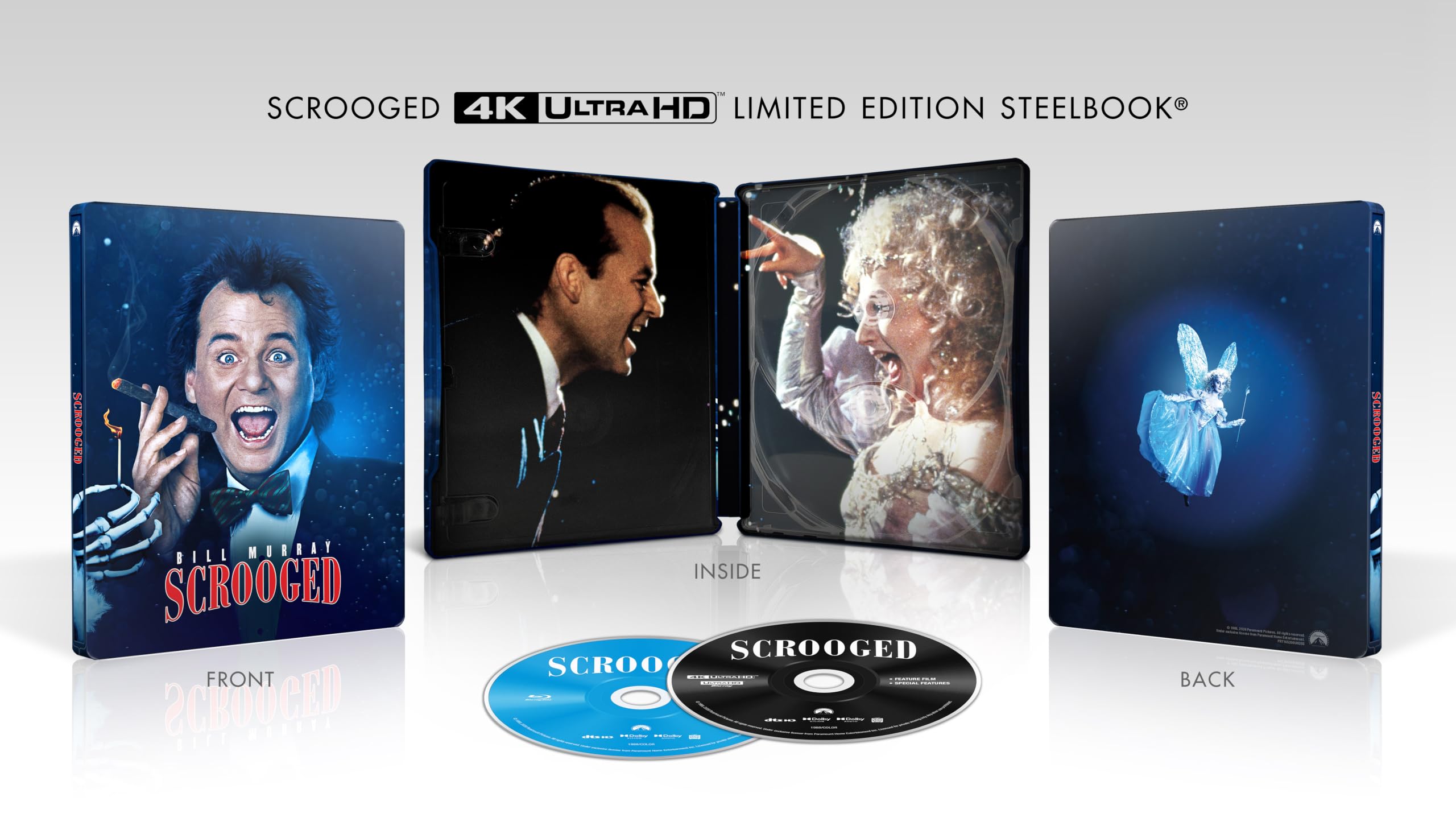 Scrooged Limited Edition Steelbook physical package and discs