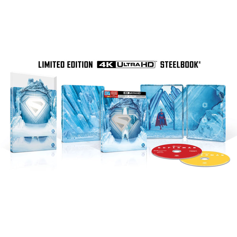 Limited Edition 4K Ultra HD Steelbook edition of Superman: The Animated Series, featuring a blue icy steelbook case with a large Superman shield, a smaller matching case, an art book, and two discs in red and yellow on a white background.